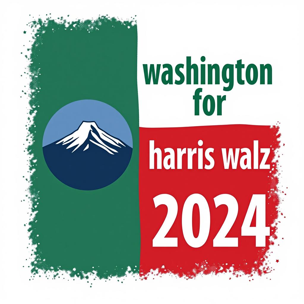  a tshirt design inspired by the washington state flag. the left side features a green vertical stripe with a large mountain in the center. the right side is divided into two horizontal sections: the top section is white with the text 'washington for' in bold, green, uppercase letters, and the bottom section is red with the text 'harris walz 2024' in bold, white, uppercase letters. the overall layout is clean and straightforward, with a clear and patriotic color scheme of blue, white, and red.