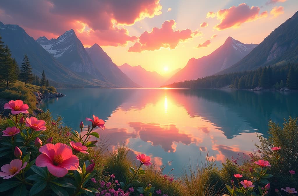  "create a vibrant, high definition landscape that showcases a serene sunrise over a tranquil lake, with crystal clear reflections of the colorful sky on the water's surface. incorporate lush, detailed foreground elements such as blooming flowers and rich greenery, while ensuring the background features sharp, majestic mountains. enhance the overall atmosphere with a soft, golden light to evoke a sense of warmth and clarity." hyperrealistic, full body, detailed clothing, highly detailed, cinematic lighting, stunningly beautiful, intricate, sharp focus, f/1. 8, 85mm, (centered image composition), (professionally color graded), ((bright soft diffused light)), volumetric fog, trending on instagram, trending on tumblr, HDR 4K, 8K