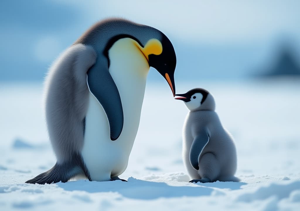  emperor penguin feeding chick in antarctica