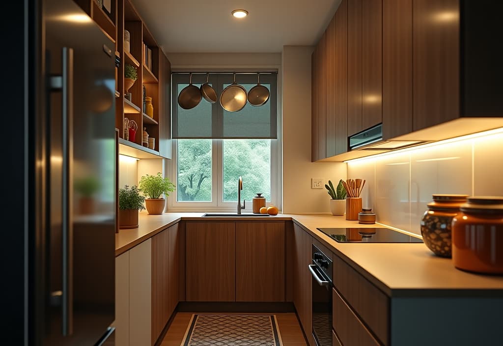  a landscape photo of a compact kitchen with vertical storage solutions, including a ceiling mounted pot rack and tall, slim cabinets reaching to the ceiling hyperrealistic, full body, detailed clothing, highly detailed, cinematic lighting, stunningly beautiful, intricate, sharp focus, f/1. 8, 85mm, (centered image composition), (professionally color graded), ((bright soft diffused light)), volumetric fog, trending on instagram, trending on tumblr, HDR 4K, 8K