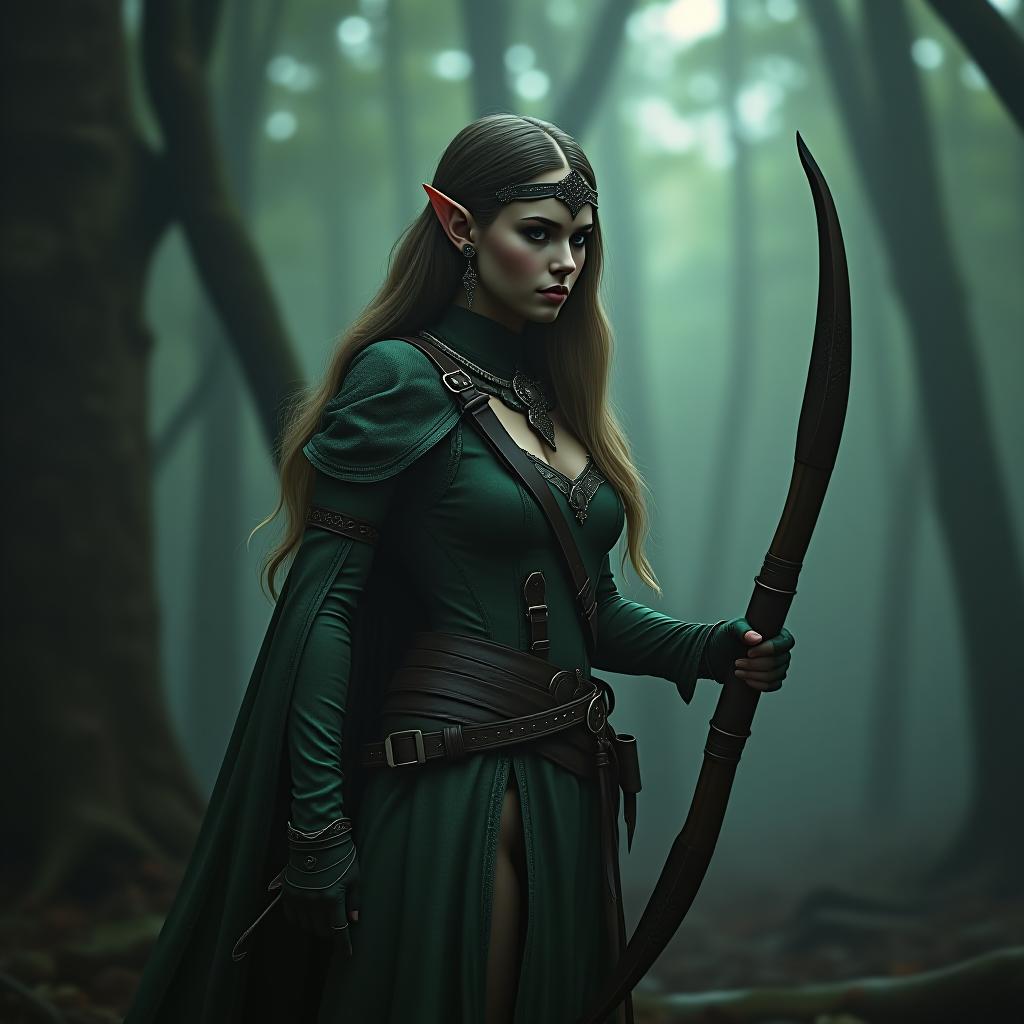  forest elf huntress in a dark fantasy forest photo realistic, highly intricate and detailed, masterpiece, ultra high res,photography,8k resolution