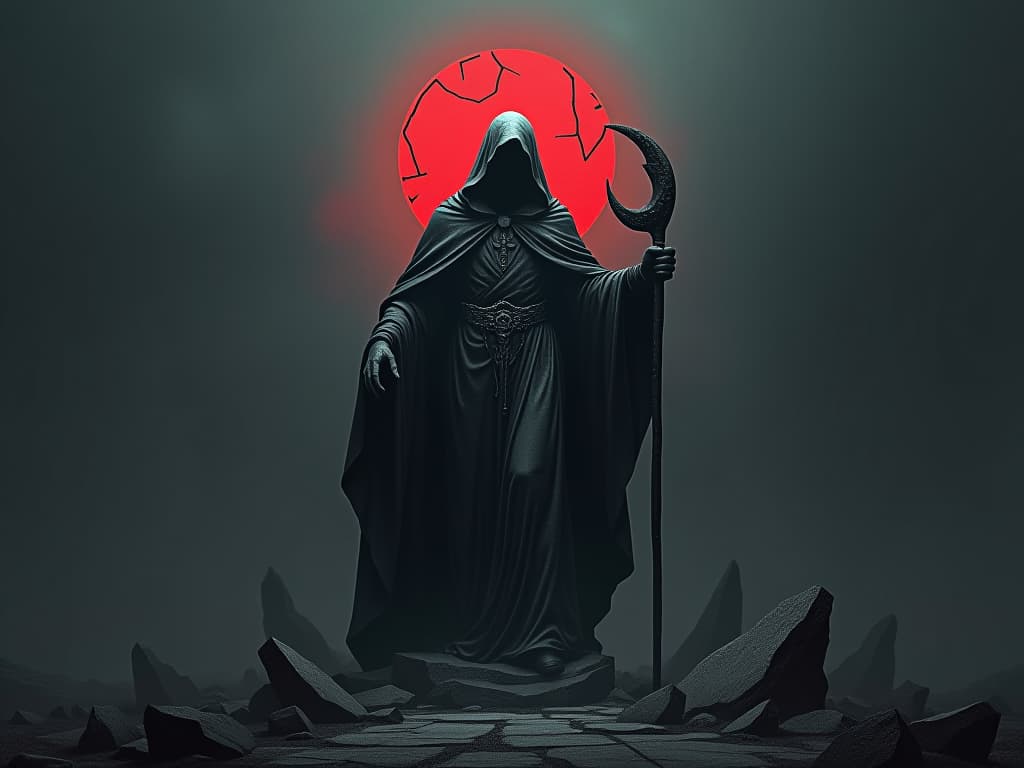  ruined statue of a once respected leader, cracked and forgotten, halo of shadow, symbolizing lost honor and the weight of shame. the style is dark fantasy and mysterious occult, symbolic, moody lighting, esoteric vibe,high detail on character design. for the color scheme emphasize blacks and reds.