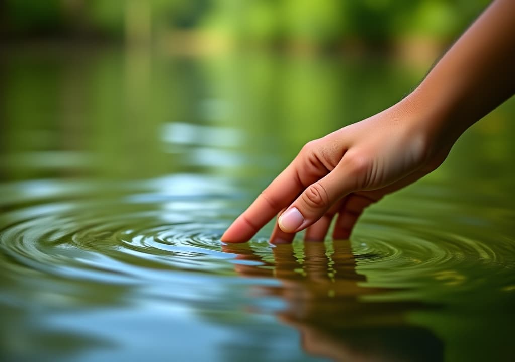  a hand touching the surface of pure green water of the river in nature on a sunny day, symbolic and ecological gesture for conservation of natural resources and preservation of the environment