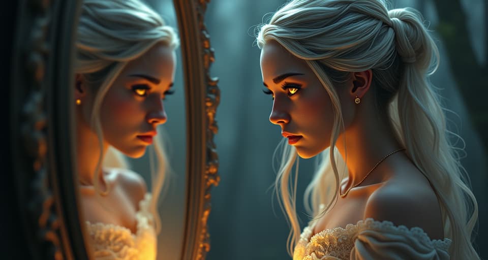  a human mother with an ethereal glow, sorrowful expression, looking into a reflective mirror, forest background, the mirror reflects her with envious, piercing eyes glowing with jealousy.. the style is digital art illustration,highly detailed, whimsical,magical, dreamlike atmosphere, realism and fantasy blend, smooth, glossy textures,luminous quality, wonder and enchantment.