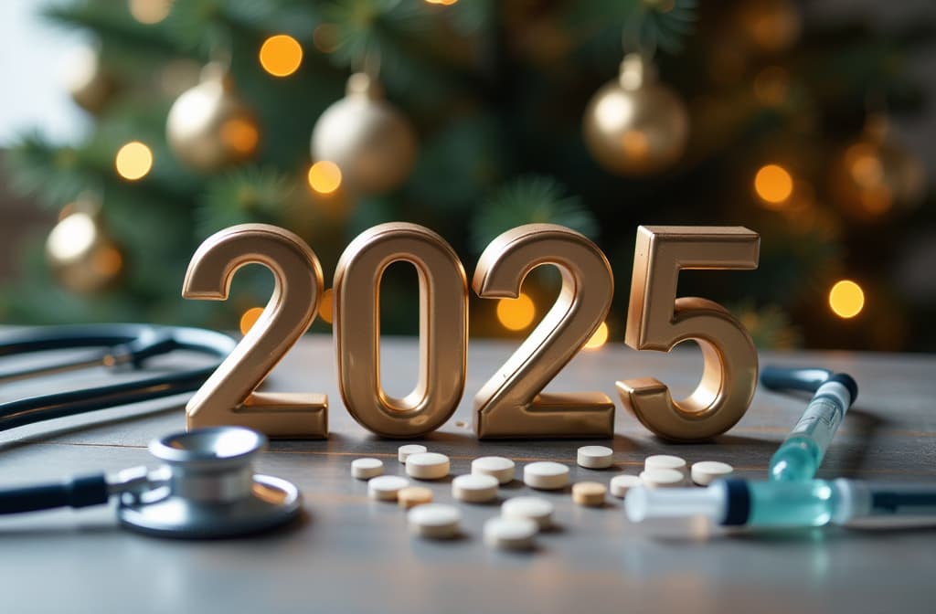  stock photo, 2025 in bold numbers surrounded by medical equipment like stethoscopes, syringes, and pills, with a festive christmas tree and ornaments in the background, soft lighting with warm tones {prompt}, maximum details