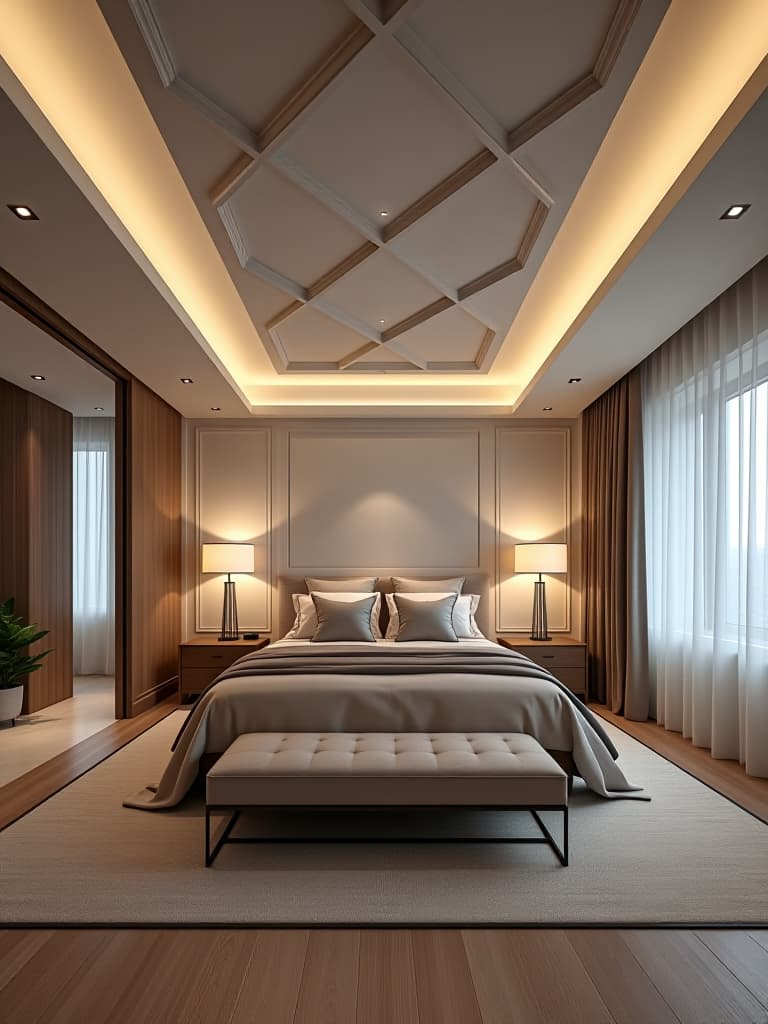  high quality portrait photo of a modern bedroom with a statement ceiling featuring geometric patterns and recessed lighting, complemented by sleek, low profile furniture hyperrealistic, full body, detailed clothing, highly detailed, cinematic lighting, stunningly beautiful, intricate, sharp focus, f/1. 8, 85mm, (centered image composition), (professionally color graded), ((bright soft diffused light)), volumetric fog, trending on instagram, trending on tumblr, HDR 4K, 8K