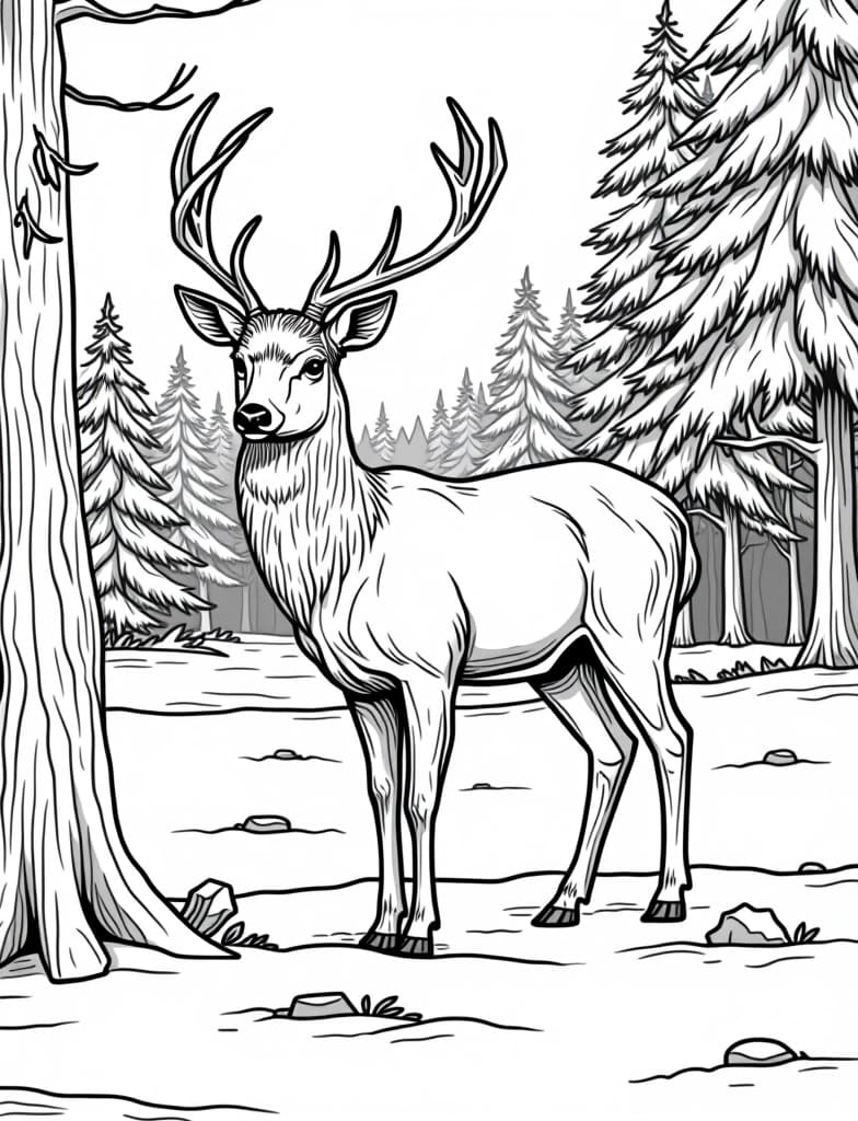  this is for an adult coloring page. a detailed black and white line art of a snowy deer standing in the snow near a forest edge on a solid white background.