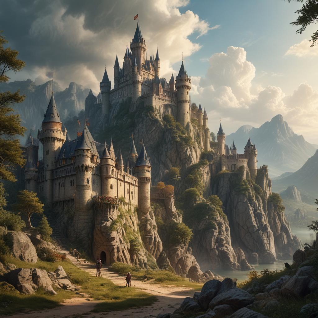 A scene from a fantasy world with castles, dragons, and knights.