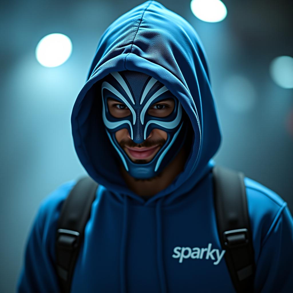  white man with a cool mask on his face with a blue hoodie with sparky written on hoodie hyperrealistic, full body, detailed clothing, highly detailed, cinematic lighting, stunningly beautiful, intricate, sharp focus, f/1. 8, 85mm, (centered image composition), (professionally color graded), ((bright soft diffused light)), volumetric fog, trending on instagram, trending on tumblr, HDR 4K, 8K