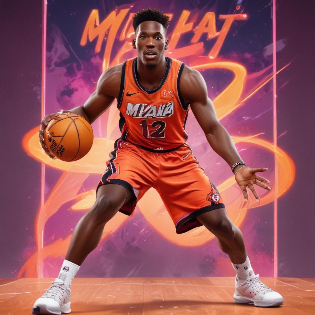 distance-shot, flashy, full-body, dynamic, holographic, animated cartoon poster of miami heat player bam adebayo in the style of dragon ball super