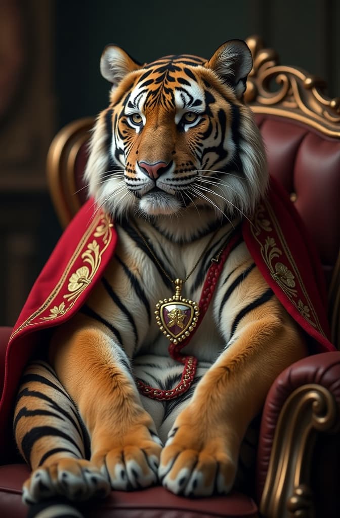  tigre con corona sentado en sillon como rey y alrededor de el pitufos a su orden hyperrealistic, full body, detailed clothing, highly detailed, cinematic lighting, stunningly beautiful, intricate, sharp focus, f/1. 8, 85mm, (centered image composition), (professionally color graded), ((bright soft diffused light)), volumetric fog, trending on instagram, trending on tumblr, HDR 4K, 8K