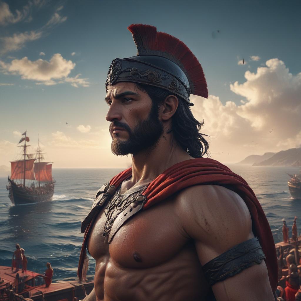 A cinematic aerial view of the vast expanse of the Aegean Sea, with the legendary hero Achilles standing on the deck of his ship, gazing towards the horizon, surrounded by a fleet of fifty ships, under the clear blue sky, capturing the essence of epic adventure and heroism"in the style of classical Greek pottery art, with intricate black figures on a red background, depicting mythological scenes with a focus on gods and heroes, using a limited color palette of red, black, and white"This image is a breathtaking painting that captures the magical scene with vivid detail. The overall composition is spellbinding, showcasing a perfect harmony. photorealism fantasy, unreal engine 5, concept hyperrealistic, full body, detailed clothing, highly detailed, cinematic lighting, stunningly beautiful, intricate, sharp focus, f/1. 8, 85mm, (centered image composition), (professionally color graded), ((bright soft diffused light)), volumetric fog, trending on instagram, trending on tumblr, HDR 4K, 8K