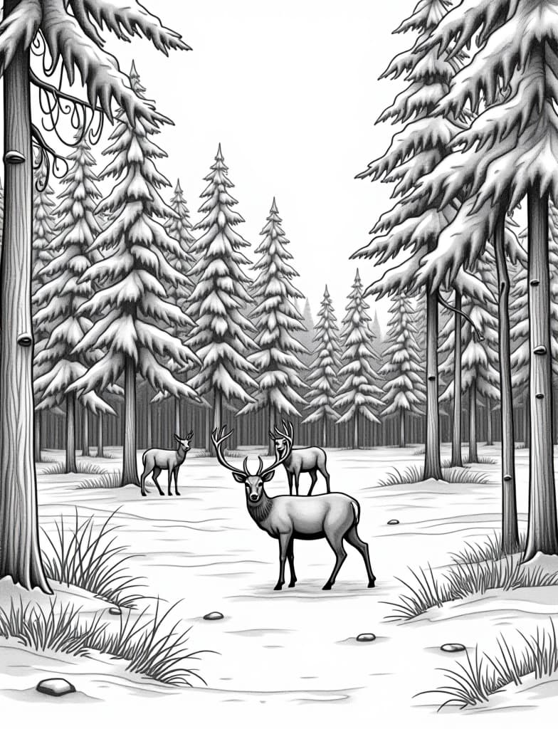  this is for an adult coloring page. a detailed black and white line art of a snowy snow covered forest with a group of deer grazing on a solid white background.