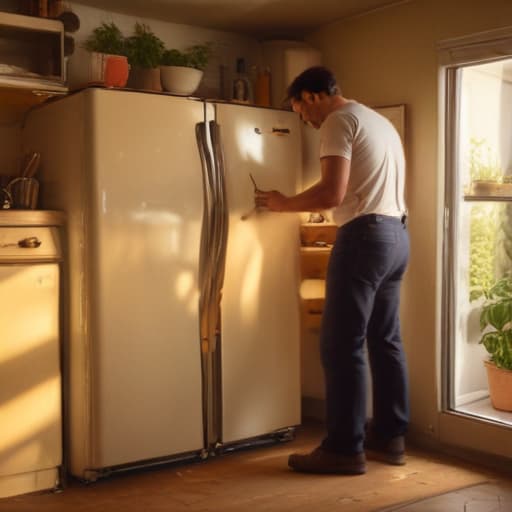 A photo of a skilled technician repairing a malfunctioning refrigerator in a retro-style kitchen during the early evening, illuminated by warm, soft golden hour light.