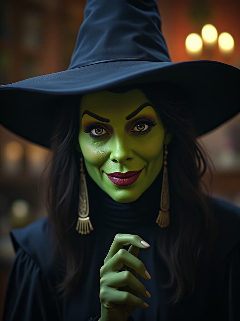  kamala harris as the wicked witch of the west, greenish skin long nose