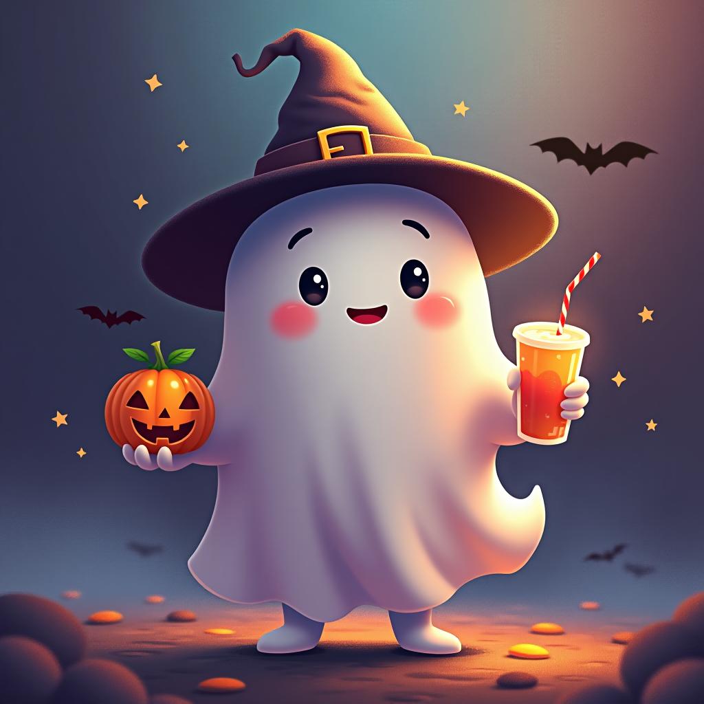  create a digital painting featuring a cute ghost character. the ghost should be wearing a hat. in one hand, the ghost should hold a pumpkin with a carved face, and in the other hand, a halloween themed drink. the background should be colorfull and include small black bats and stars to add a playful halloween touch. the overall style should be cute, whimsical, and colorful hyperrealistic, full body, detailed clothing, highly detailed, cinematic lighting, stunningly beautiful, intricate, sharp focus, f/1. 8, 85mm, (centered image composition), (professionally color graded), ((bright soft diffused light)), volumetric fog, trending on instagram, trending on tumblr, HDR 4K, 8K