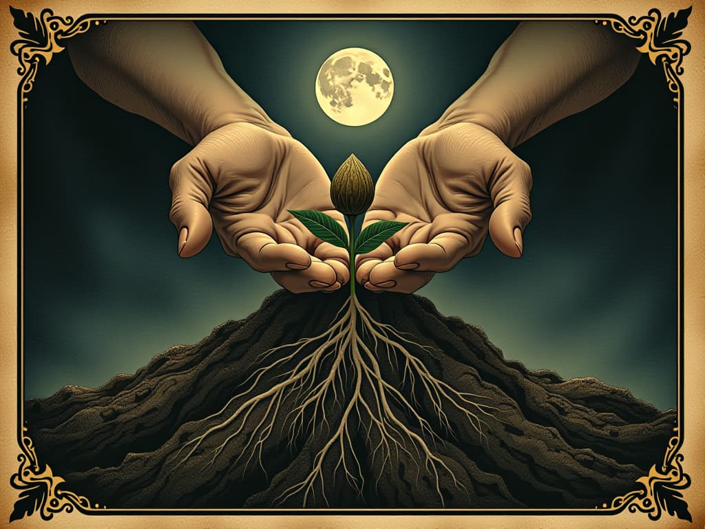  a seed embedded in rich soil, gentle hands cupping it, delicate roots beginning to sprout, soft moonlight illuminating, nurturing, potential growth. an illustration in the style of a worn, mystical old tarot trump card, mysterious and elements of surrealism. the colors are muted, somber and eerie, but with contrast bring out an occult and esoteric vibe.