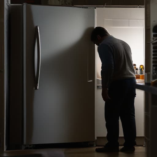 A photo of a skilled technician inspecting a malfunctioning refrigerator in a dimly lit kitchen during the late afternoon, with a single spotlight creating dramatic shadows and highlighting the intricate details of the appliance.