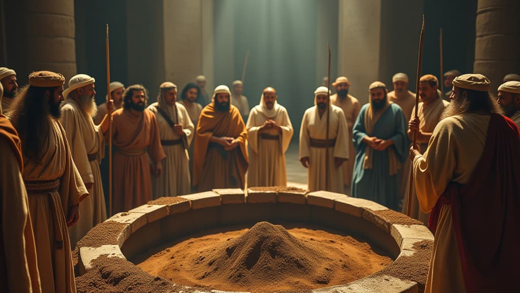  history of biblical times, a dramatic scene of isaac’s water wells being filled with dirt by the philistines, representing hostility and conflict. hyperrealistic, full body, detailed clothing, highly detailed, cinematic lighting, stunningly beautiful, intricate, sharp focus, f/1. 8, 85mm, (centered image composition), (professionally color graded), ((bright soft diffused light)), volumetric fog, trending on instagram, trending on tumblr, HDR 4K, 8K