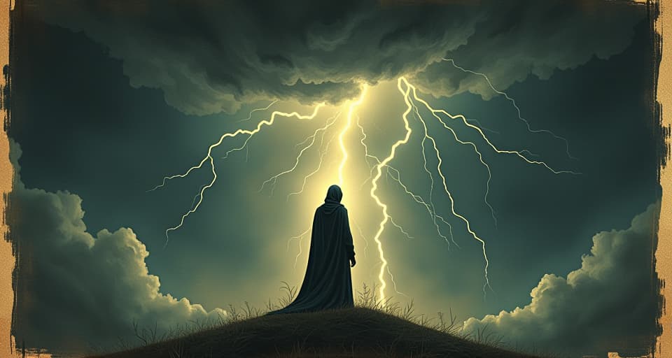  figure standing under a dark cloudy sky, vivid lightning bolts illuminating surroundings, ethereal glow around the figure, intense moment, dynamic, mysterious. an illustration in the style of a worn, mystical old tarot trump card, mysterious and elements of surrealism. the colors are muted, somber and eerie, but with contrast bring out an occult and esoteric vibe.