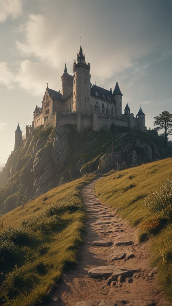 ((masterpiece)),(((best quality))), 8k, high detailed, ultra detailed, (A medieval castle on a hill), detailed landscape, best shadows, high contrast, best lighting, delicate and beautiful hyperrealistic, full body, detailed clothing, highly detailed, cinematic lighting, stunningly beautiful, intricate, sharp focus, f/1. 8, 85mm, (centered image composition), (professionally color graded), ((bright soft diffused light)), volumetric fog, trending on instagram, trending on tumblr, HDR 4K, 8K