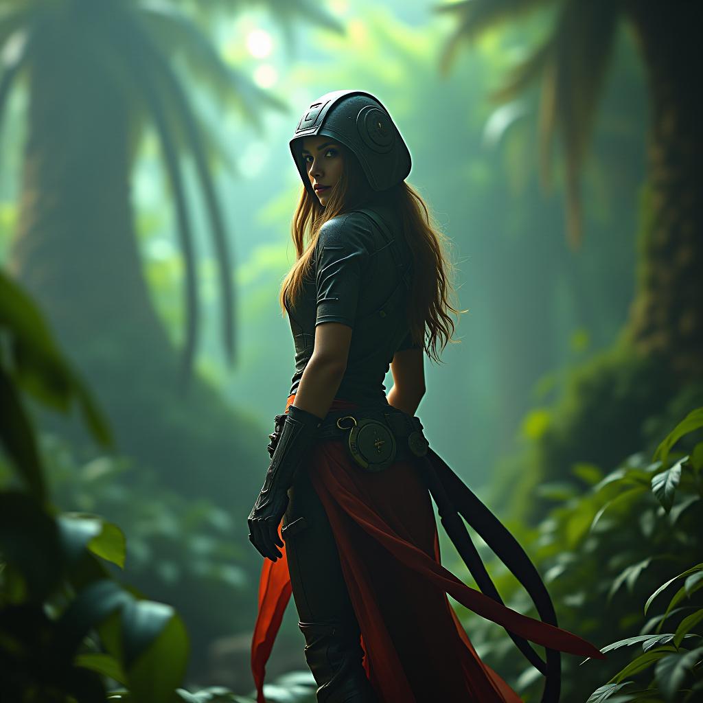  **galactic huntress in alien jungle** hyperrealistic, full body, detailed clothing, highly detailed, cinematic lighting, stunningly beautiful, intricate, sharp focus, f/1. 8, 85mm, (centered image composition), (professionally color graded), ((bright soft diffused light)), volumetric fog, trending on instagram, trending on tumblr, HDR 4K, 8K