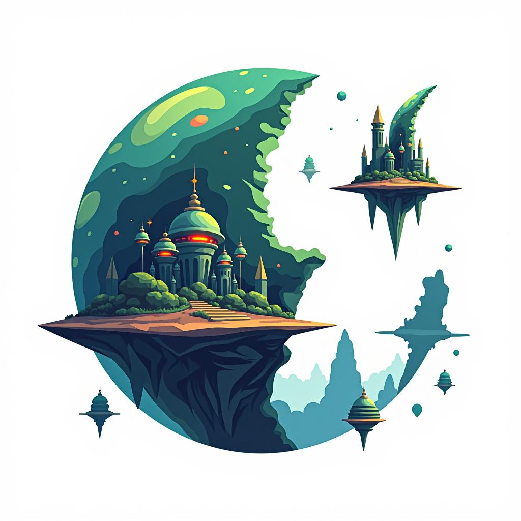  white background. left side: a simple vector graphic showing a hyper realistic alien planet's front view, featuring mysterious structures, bioluminescent patches, and sections of the planet split into floating fragments with glowing edges. unique architectural forms, and floating planetary fragments. elements adding a dynamic, otherworldly feel. cartoon and disney style.