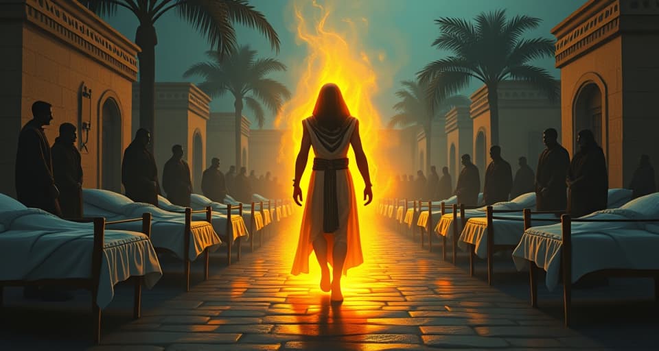  illness stricken community, people weakened and bedridden, with one vigorous, glowing figure walking through the scene, symbolizing otherworldly vigor and resilience.. the style is digital art illustration / modern comic book / mysterious occult, symbolic, esoteric vibe,high detail on character design, incorporating ancient egyptian symbology and attire.