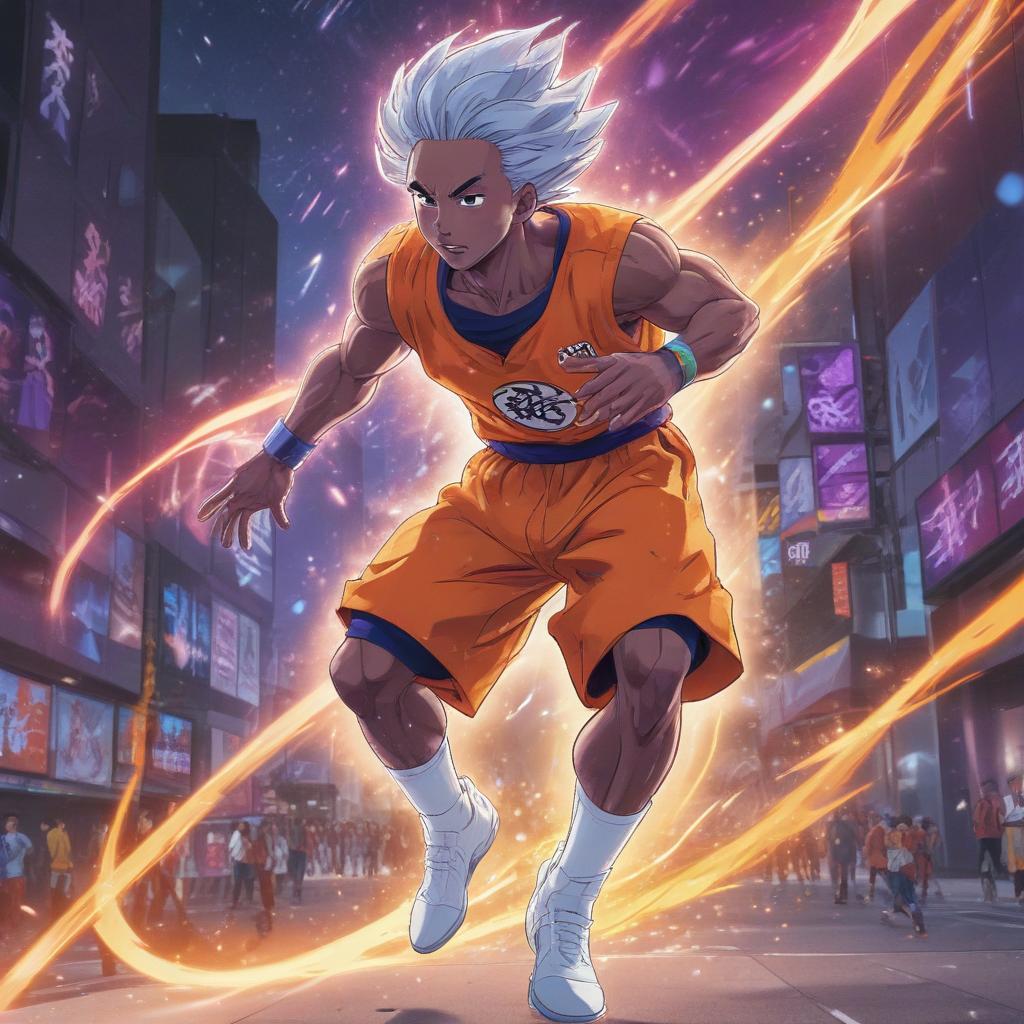 distance-shot, flashy, full-body, dynamic, holographic, animated cartoon poster of kobe scene in the style of dragon ball super