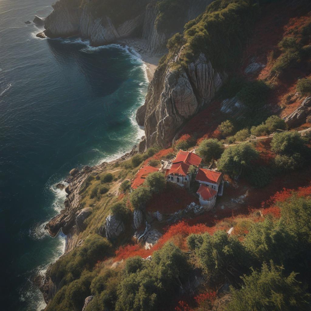 A majestic aerial view of the island of Scyros, bathed in warm sunlight, with lush greenery and a rugged coastline, hinting at the hidden secrets waiting to be uncovered, creating a sense of mystery and adventure, shot with a drone for sweeping vistas"in the style of classical Greek pottery art, with intricate black figures on a red background, depicting mythological scenes with a focus on gods and heroes, using a limited color palette of red, black, and white"This image is a breathtaking painting that captures the magical scene with vivid detail. The overall composition is spellbinding, showcasing a perfect harmony. photorealism fantasy, unreal engine 5, concept hyperrealistic, full body, detailed clothing, highly detailed, cinematic lighting, stunningly beautiful, intricate, sharp focus, f/1. 8, 85mm, (centered image composition), (professionally color graded), ((bright soft diffused light)), volumetric fog, trending on instagram, trending on tumblr, HDR 4K, 8K