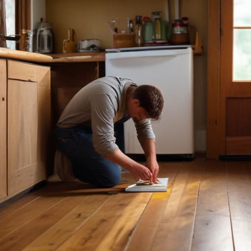 A photo of a skilled technician repairing a refrigerator in a cozy, rustic kitchen during early evening with warm, soft lighting filtering through a nearby window, casting long shadows across the worn wooden floor.