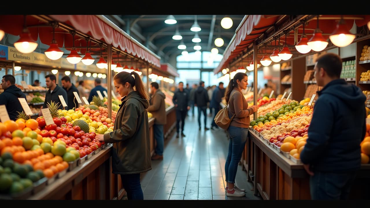  a bustling scene inside granville island's public market showcasing colorful vendor stalls filled with fresh produce, artisanal foods, and happy customers enjoying their culinary delights amidst a vibrant atmosphere.</p> hyperrealistic, full body, detailed clothing, highly detailed, cinematic lighting, stunningly beautiful, intricate, sharp focus, f/1. 8, 85mm, (centered image composition), (professionally color graded), ((bright soft diffused light)), volumetric fog, trending on instagram, trending on tumblr, HDR 4K, 8K