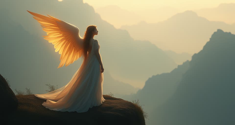  a thoughtful angel with glowing wings stands on a cliff, overlooking a vast, misty landscape. her expression is one of realization, her attire ethereal and flowing, symbolizing the understanding of actions and their consequences.. the style is digital art illustration,highly detailed, whimsical,magical, dreamlike atmosphere, realism and fantasy blend, smooth, glossy textures,luminous quality, wonder and enchantment.