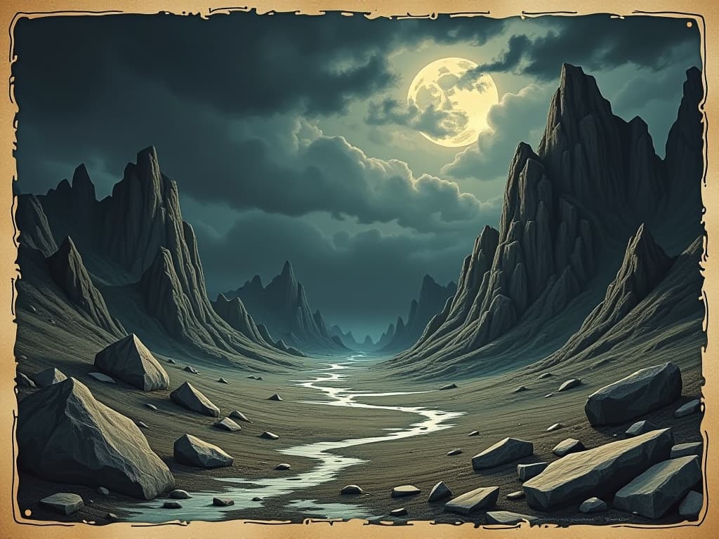  rough terrain with harsh weather conditions, rocky landscape under a turbulent night sky, dark clouds looming, scattered frost on the ground, atmosphere of struggle, defiance. an illustration in the style of a worn, mystical old tarot trump card, mysterious and elements of surrealism. the colors are muted, somber and eerie, but with contrast bring out an occult and esoteric vibe.