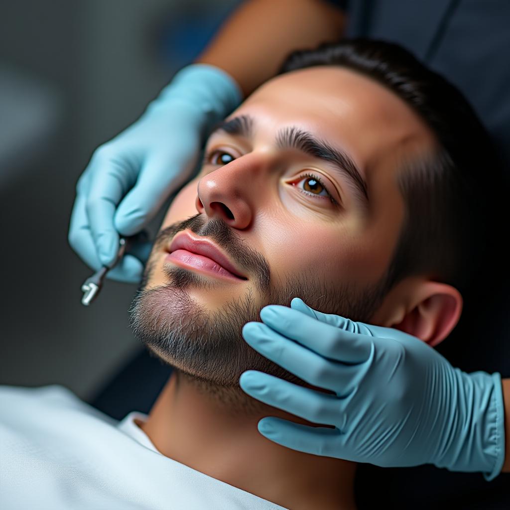  background with a man undergoing a cosmetic procedure blurred image.