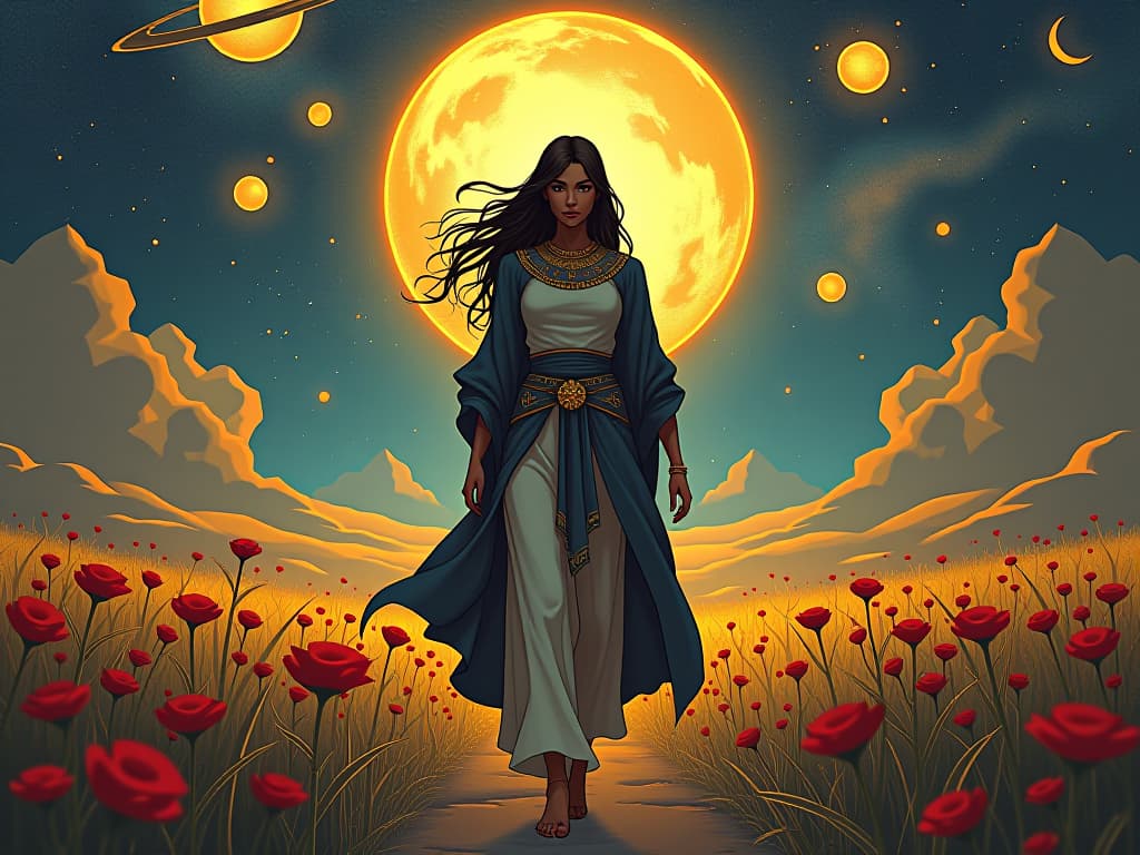  a radiant sage walking through a field of cosmic symbols, large busted woman in mystical robes, interpreting universe's language, ambiance of clarity and purpose. the style is digital art illustration / modern comic book / mysterious occult, symbolic, esoteric vibe,high detail on character design, incorporating ancient egyptian symbology and attire.