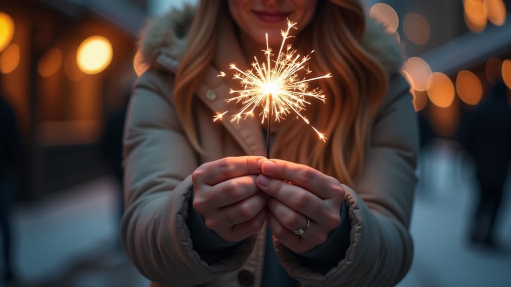  close up woman's hands hold a sparkler in the background on a winter street background with blurred golden bokeh lights ar 16:9 {prompt}, maximum details