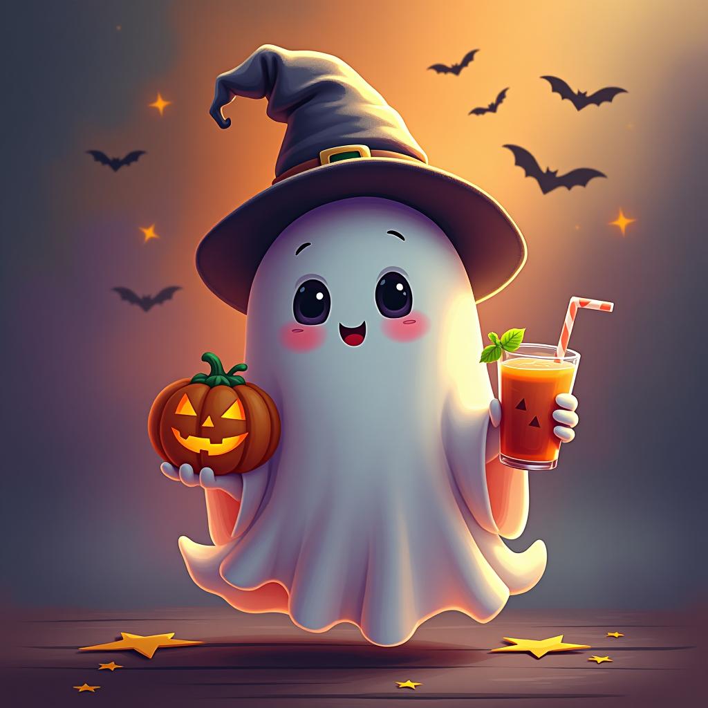  create a digital painting featuring a cute ghost character. the ghost should be wearing a hat. in one hand, the ghost should hold a pumpkin with a carved face, and in the other hand, a halloween themed drink. the background should be colorfull and include small black bats and stars to add a playful halloween touch. the overall style should be cute, whimsical, and colorful hyperrealistic, full body, detailed clothing, highly detailed, cinematic lighting, stunningly beautiful, intricate, sharp focus, f/1. 8, 85mm, (centered image composition), (professionally color graded), ((bright soft diffused light)), volumetric fog, trending on instagram, trending on tumblr, HDR 4K, 8K