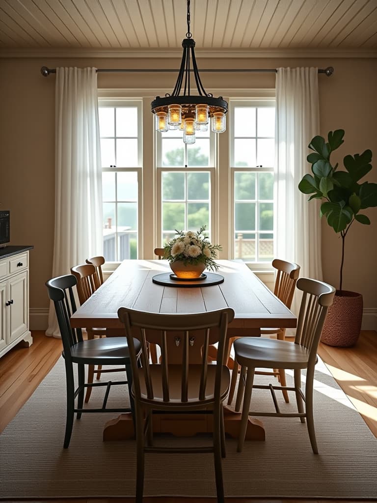  high quality portrait photo of a farmhouse dining room with a reclaimed wood trestle table, mix and match wooden chairs, and a diy chandelier made from mason jars and distressed wood, captured with morning light filtering through sheer curtains hyperrealistic, full body, detailed clothing, highly detailed, cinematic lighting, stunningly beautiful, intricate, sharp focus, f/1. 8, 85mm, (centered image composition), (professionally color graded), ((bright soft diffused light)), volumetric fog, trending on instagram, trending on tumblr, HDR 4K, 8K