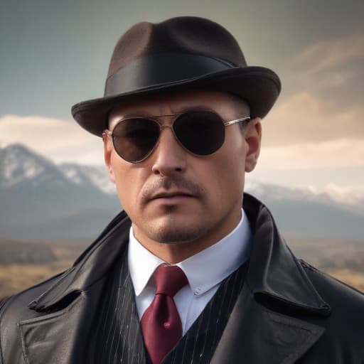 Reymond reddington with sunglasses in Steampunk style with Mountains background