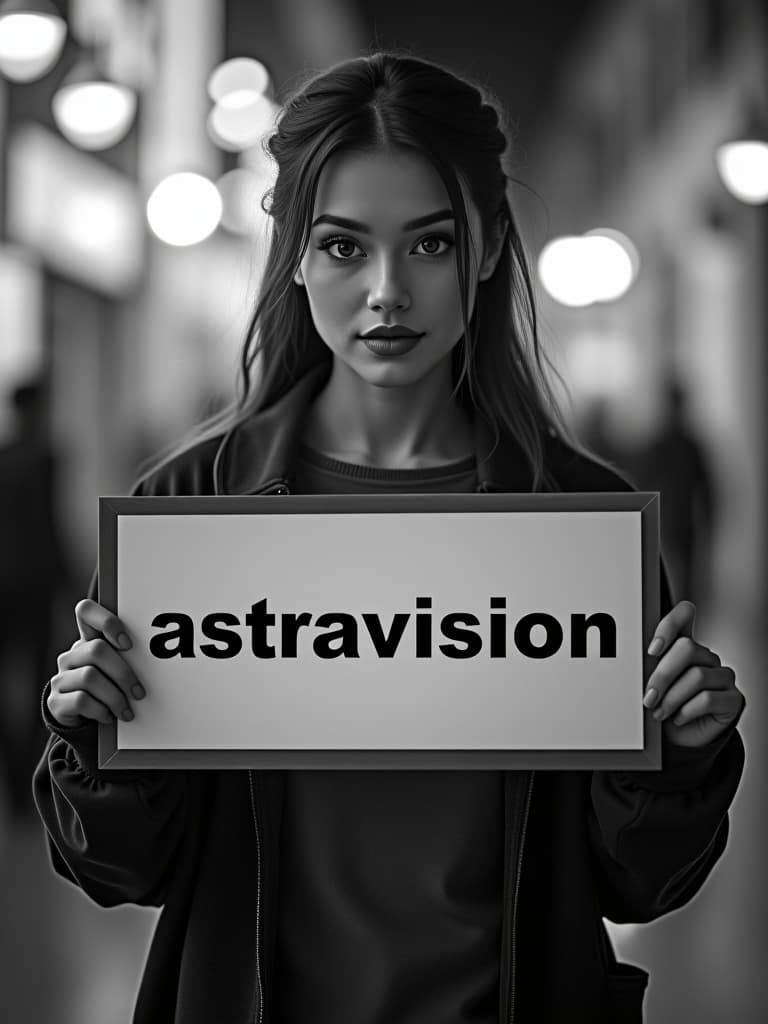  a pretty woman photograph in black and white holding a sign witten on it 'astravision' can be seen from front. hyperrealistic, full body, detailed clothing, highly detailed, cinematic lighting, stunningly beautiful, intricate, sharp focus, f/1. 8, 85mm, (centered image composition), (professionally color graded), ((bright soft diffused light)), volumetric fog, trending on instagram, trending on tumblr, HDR 4K, 8K