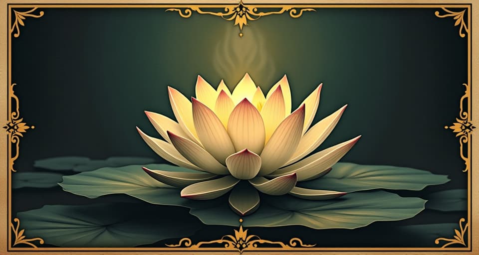  lotus flower, radiating light in the middle of dark, troubled waters, detailed petals, serene, ascendant.. an illustration in the style of a worn, mystical old tarot trump card, mysterious and elements of surrealism. the colors are muted, somber and eerie, but with contrast bring out an occult and esoteric vibe.