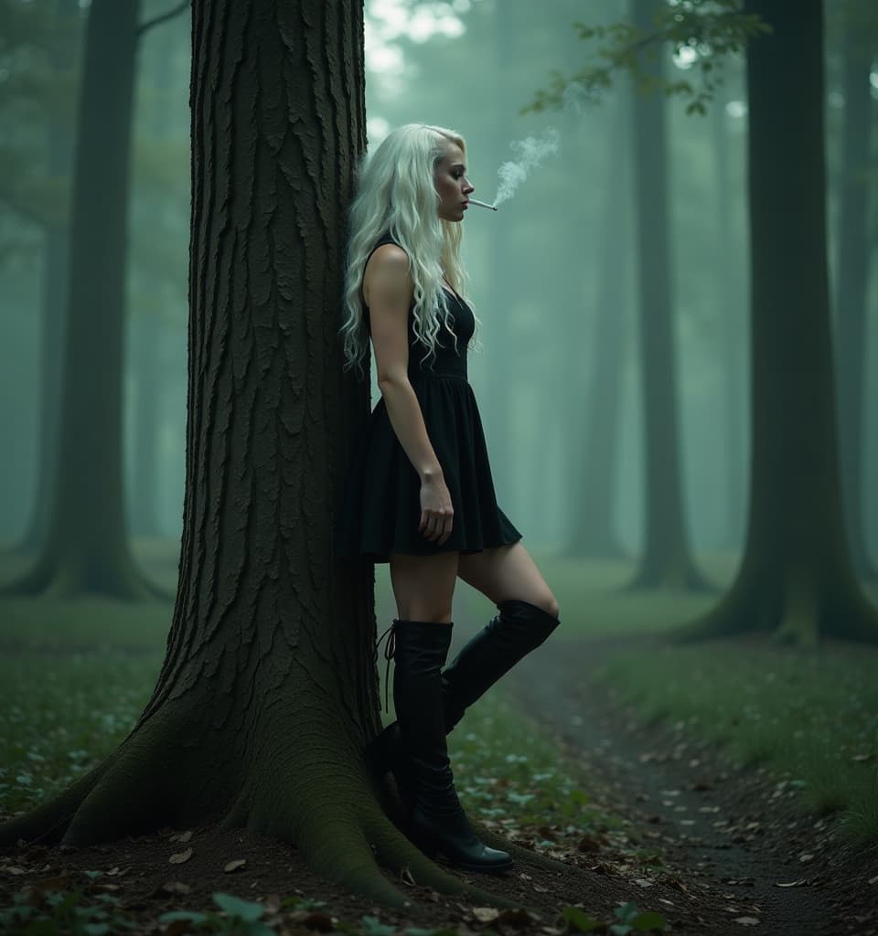  cinematic photo a goth woman with long white curly hair stands high against a tree in a mystical forest, smoking a cigarette. she is wearing a short gothic dress and high heeled boots. full height, side view, high detail, 4k. . 35mm photograph, film, bokeh, professional, 4k, highly detailed