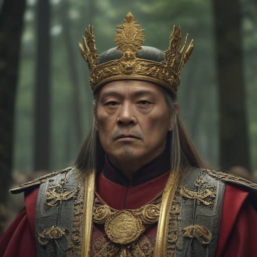 An emperor gives a word to his people in Cinematic style with Forests background