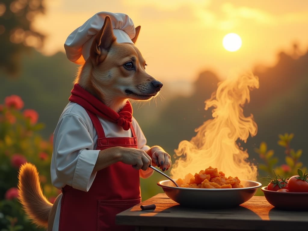  a landscape picture of cute dog as chef cooking food in sunrise view, on the nearby glass the text "suprabhatam gaura" is written with steam hyperrealistic, full body, detailed clothing, highly detailed, cinematic lighting, stunningly beautiful, intricate, sharp focus, f/1. 8, 85mm, (centered image composition), (professionally color graded), ((bright soft diffused light)), volumetric fog, trending on instagram, trending on tumblr, HDR 4K, 8K