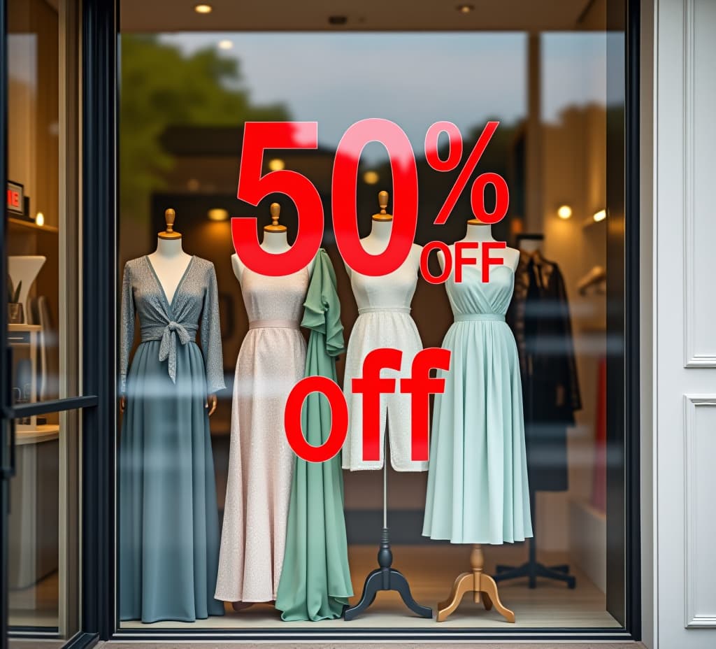  dresses 50% off sale promotion sign on glass window door of retail women clothing store exterior view storefront. special discount price offer, summer promo advertising marketing