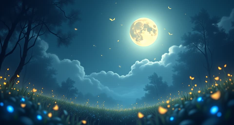  a serene, moonlit landscape with ethereal light casting soft shadows. the air shimmers, radiating a sense of lightness as a gentle breeze lifts delicate, glowing leaves that dance in the air.. the style is digital art illustration,highly detailed, whimsical,magical, dreamlike atmosphere, realism and fantasy blend, smooth, glossy textures,luminous quality, wonder and enchantment.