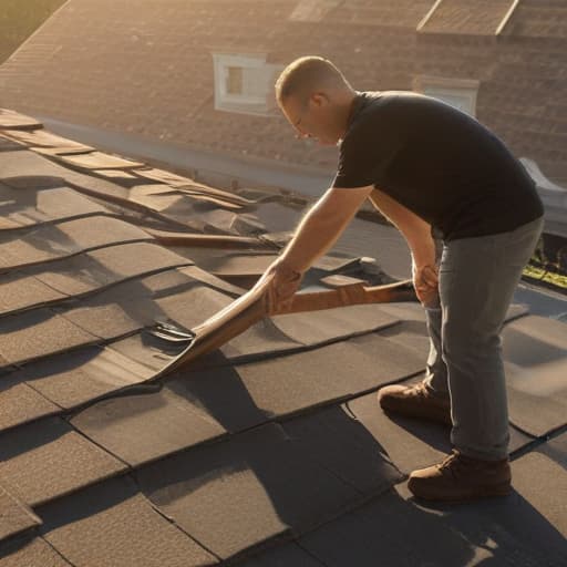 A photo of a roofing contractor examining shingles on a rooftop in a suburban neighborhood during the early morning, with soft golden sunlight casting long shadows across the textured surface.