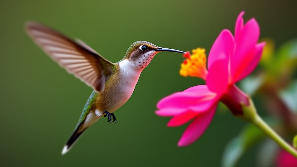  close up macro shot of a hummingbird in mid flight, sipping nectar from a vibrant flower . nature photography background wallpaper.