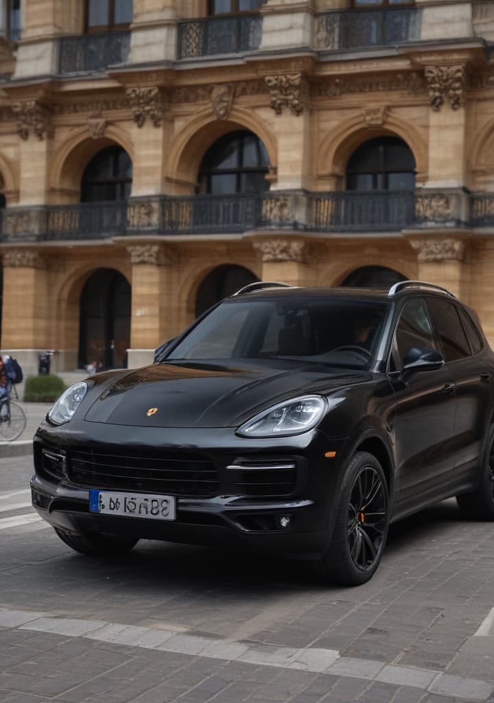 Porsche Cayenne de luxe couleur noir/doré devant le Louvre highly detailed,studio lighting,professional,vivid colors, cinematic lighting, HDR, UHD, 4K, 8k, 64K